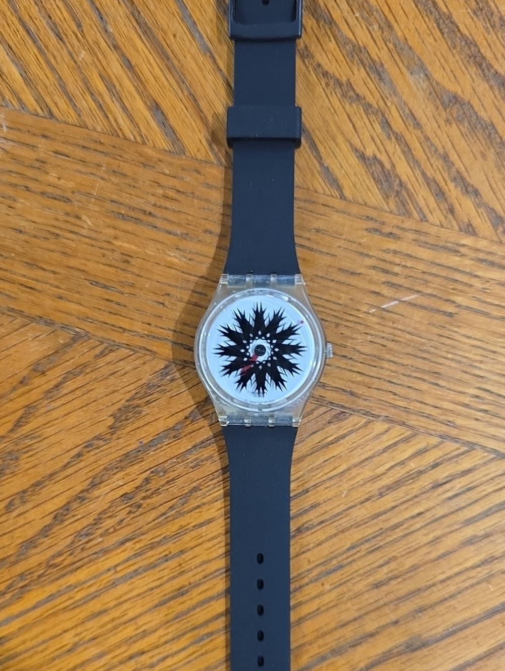 Swatch Migraine GK275 White Dial, Red Accent, New Battery, New Black Watch Guard